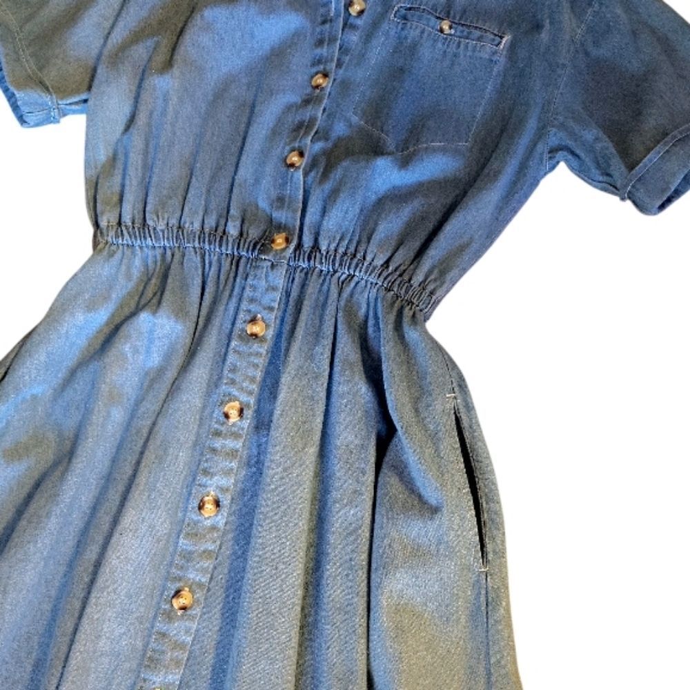 VTG 90s Blue Denim Button Front Short Sleeve Jean Midi Dress SZ Medium - Picture 7 of 13